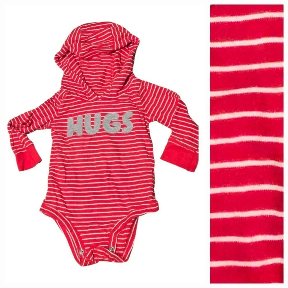 Carter’s Baby Boys 9M Red White Striped HUGS Hooded Bodysuit Long Sleeve Onesie